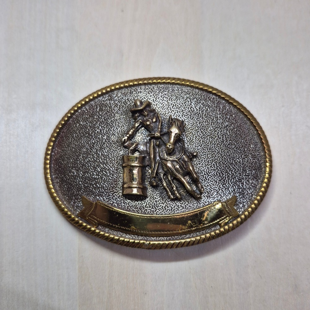 Vintage German Silver Barrel Racing Belt Buckle Cowgirl Rodeo Gold Tone Oval